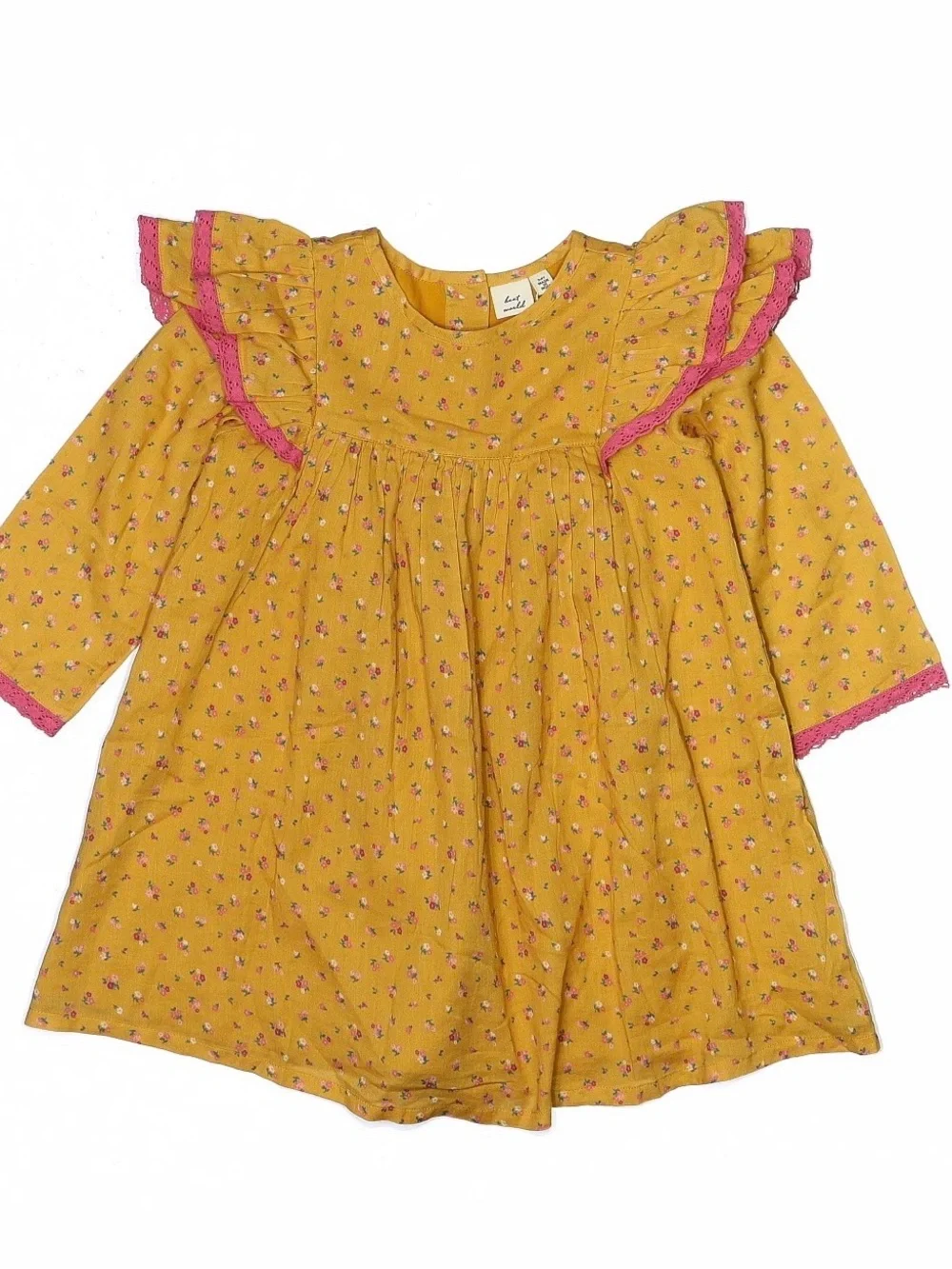 Beet World Mustard Yellow Floral Dress with Pink Trim NWT SZ 3/4